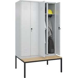 C+P Multifunctionele kledingkast Classic PLUS met zitbank, 2 compartimenten, lichtgrijs, b = 1200 mm, veiligheidsdraaigrendel, ondergebouwd, beuken-hardhout