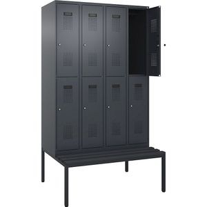 Lockerkast Evolo PLUS met twee verdiepingen en zitbank, 4 compartimenten, grijs, b = 1200 mm, cilinderslot, met ondergebouwde zitbank, kunststof