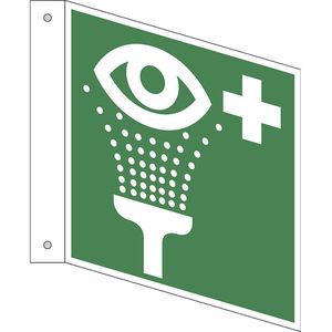 Reddingsbord, voorziening om ogen te spoelen, VE = 10 stuks, kunststof, bord met pijl, 150 x 150 mm