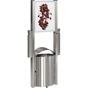 VAR Afvalbak met asbak en ruimte voor reclame, inhoud 50 l, h x b x d = 1800 x 710 x 350 mm, roestvast staal
