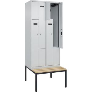 Z-lockerkast Evolo PLUS met zitbank, 2 compartimenten, lichtgrijs / lichtgrijs, b = 800 mm, cilinderslot, met ondergebouwde zitbank, beukenhout