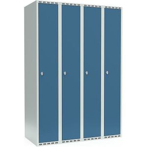 Lockerkast Fydor, 4 compartimenten, lichtgrijs / briljantblauw, b = 1200 mm, 4 compartimenten, platte bovenkant, hangslot