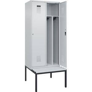 Multifunctionele lockerkast Evolo PLUS met zitbank, smal, 2 compartimenten, scheidingswand ingekort, lichtgrijs / lichtgrijs, b = 800 mm, cilinderslot, met ondergebouwde zitbank, kunststof
