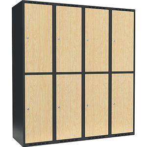 Lockerkast met twee verdiepingen Fydor, 4 compartimenten, grijs / berkenhout, b = 1200 mm, 4 compartimenten, platte bovenkant, cilinderslot