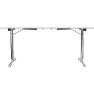 Inklapbare tafel met dubbel T-vormig onderstel, frame van staalbuis, verchroomd