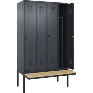 Multifunctionele lockerkast Evolo PLUS met zitbank, smal, 4 compartimenten, scheidingswand ingekort, grijs, b = 1200 mm, veiligheidsdraaigrendel, met uitstekende zitbank, beukenhout