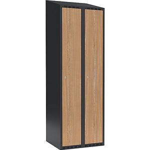 Lockerkast Fydor, 2 compartimenten, grijs / eikenhout, b = 600 mm, 2 compartimenten, schuine bovenkant, cilinderslot