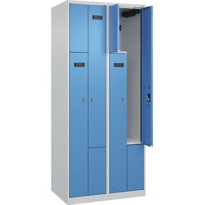 Z-lockerkast Evolo PLUS, 2 compartimenten, lichtgrijs / lichtblauw, b = 800 mm, 4 vakken, met voetdoppen, cilinderslot