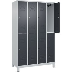 C+P Kledingkast Classic PLUS met twee verdiepingen, 4 compartimenten, lichtgrijs / grijs, h x b = 1950 x 1200 mm, met voeten, cilinderslot