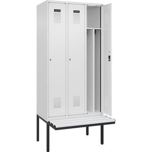 Multifunctionele lockerkast Evolo PLUS met zitbank, smal, 3 compartimenten, scheidingswand ingekort, wit, b = 900 mm, cilinderslot, met uitstekende zitbank, kunststof
