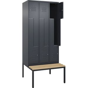 C+P Z-kledingkast Classic PLUS met zitbank, 3 compartimenten, grijs, b = 900 mm, cilinderslot, ondergebouwd, beuken-hardhout