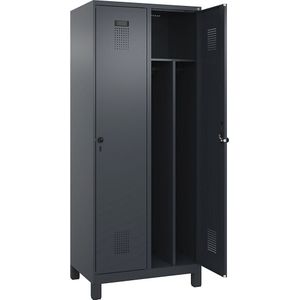 Multifunctionele lockerkast Evolo PLUS, smal, 2 compartimenten, scheidingswand ingekort, grijs, b = 800 mm, met brede voeten, veiligheidsdraaigrendel