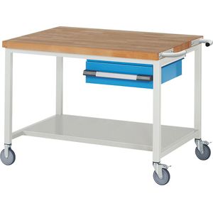 eurokraft pro Verrijdbare werkbank Serie 8000, stellingbouw, 1 hanglade, legbord, b x d = 1250 x 900 mm