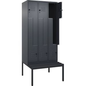 C+P Z-kledingkast Classic PLUS met zitbank, 3 compartimenten, grijs, b = 900 mm, veiligheidsdraaigrendel, ondergebouwd, kunststof