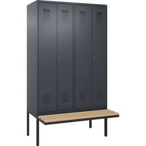 Multifunctionele lockerkast Evolo PLUS met zitbank, 4 compartimenten, scheidingswand ingekort, grijs, b = 1200 mm, cilinderslot, met uitstekende zitbank, beukenhout