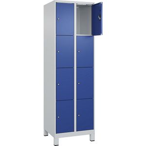 Viervoudige locker Evolo PLUS, 2 compartimenten, lichtgrijs / gentiaanblauw, b = 600 mm, 8 vakken, met brede voeten, cilinderslot