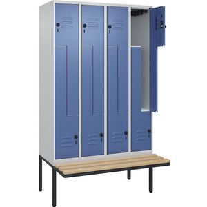 C+P Z-kledingkast Classic PLUS met zitbank, 4 compartimenten, lichtgrijs / verblauw, b = 1200 mm, veiligheidsdraaigrendel, vrijdragend, beuken-hardhout