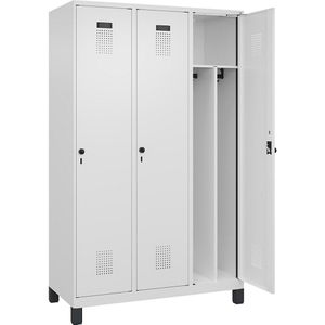 Lockerkast Evolo PLUS scheidingswand in het midden, 3 compartimenten, wit, b = 1200 mm, met brede voeten, veiligheidsdraaigrendel