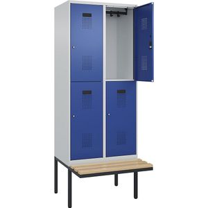 Lockerkast Evolo PLUS met twee verdiepingen en zitbank, 2 compartimenten, lichtgrijs / gentiaanblauw, b = 800 mm, cilinderslot, met uitstekende zitbank, beukenhout