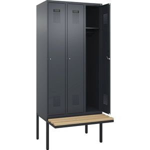 Lockerkast Evolo PLUS met zitbank, 3 compartimenten, grijs, b = 900 mm, cilinderslot, met uitstekende zitbank, beukenhout