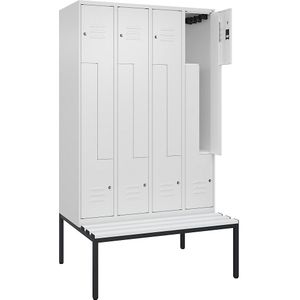 C+P Z-kledingkast Classic PLUS met zitbank, 4 compartimenten, verkeerswit, b = 1200 mm, cilinderslot, ondergebouwd, kunststof