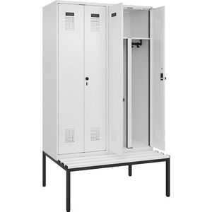 Multifunctionele lockerkast Evolo PLUS met zitbank, 4 compartimenten, scheidingswand ingekort, wit, b = 1200 mm, veiligheidsdraaigrendel, met ondergebouwde zitbank, kunststof