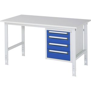 Werktafel met ladekast, onderbouw-ladeblok met 4 laden 1 x 90, 2 x 120, 1 x 140 mm, b x d = 1500 x 800 mm, melamineplaat, dikte 22 mm
