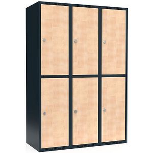 Lockerkast met twee verdiepingen Fydor, 3 compartimenten, grijs / berkenhout, b = 1200 mm, 3 compartimenten, platte bovenkant, hangslot