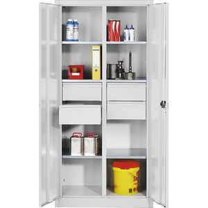 C+P Materiaalkast van plaatstaal, 6 legborden, 4 laden, h x b x d = 1950 x 930 x 500 mm, lichtgrijs