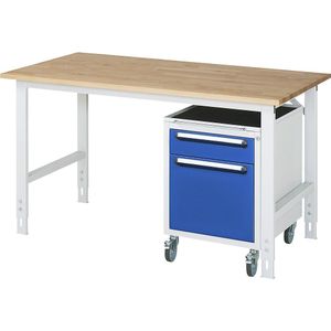 Werktafel met ladekast, rolcontainer met 2 laden 1 x 120, 1 x 360 mm, b x d = 1500 x 800 mm, blad van massief beukenhout, dikte 25 mm