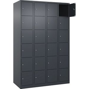 Zesvoudige locker Evolo PLUS, 4 compartimenten, grijs, b = 1200 mm, 24 vakken, met voetdoppen, cilinderslot