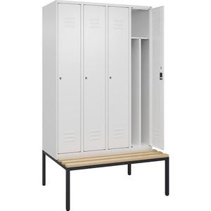 C+P Multifunctionele lockerkast Classic PLUS met zitbank, smal, 4 compartimenten, scheidingswand ingekort, verkeerswit, b = 1200 mm, cilinderslot, ondergebouwd, beuken-hardhout