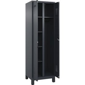 Schoonmaakkast Evolo PLUS, 1 compartiment, scheidingswand in het midden, grijs, b = 600 mm, met brede voeten, cilinderslot