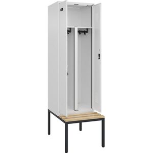 Multifunctionele lockerkast Evolo PLUS met zitbank, 2 compartimenten, scheidingswand ingekort, wit, b = 600 mm, cilinderslot, met ondergebouwde zitbank, beukenhout