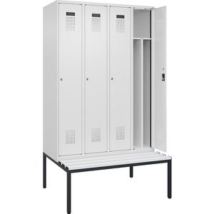 Multifunctionele lockerkast Evolo PLUS met zitbank, smal, 4 compartimenten, scheidingswand ingekort, wit, b = 1200 mm, cilinderslot, met ondergebouwde zitbank, kunststof