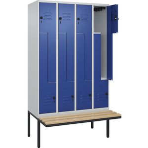 C+P Z-kledingkast Classic PLUS met zitbank, 4 compartimenten, lichtgrijs / gentiaanblauw, b = 1200 mm, veiligheidsdraaigrendel, vrijdragend, beuken-hardhout