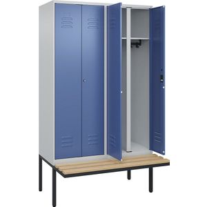 C+P Multifunctionele kledingkast Classic PLUS met zitbank, 2 compartimenten, lichtgrijs / verblauw, b = 1200 mm, cilinderslot, vrijdragend, beuken-hardhout