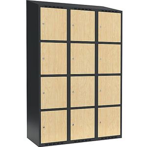 Viervoudige locker Fydor, 3 compartimenten, grijs / berkenhout, b = 1200 mm, 3 compartimenten, schuine bovenkant, cilinderslot