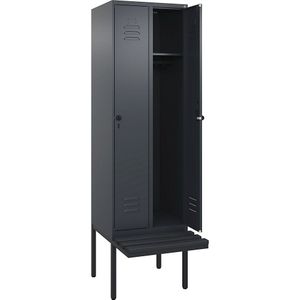 C+P Kledingkast Classic PLUS met zitbank, 2 compartimenten, grijs, b = 600 mm, veiligheidsdraaigrendel, vrijdragend, kunststof