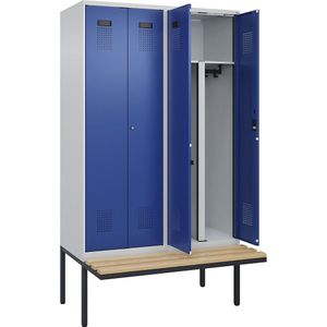 Multifunctionele lockerkast Evolo PLUS met zitbank, 4 compartimenten, scheidingswand ingekort, lichtgrijs / gentiaanblauw, b = 1200 mm, cilinderslot, met uitstekende zitbank, beukenhout