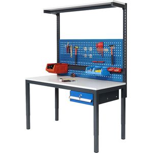 Compleet werkstation, in hoogte verstelbaar, incl. enkele lade, perforatiewand, boxrail, etagevlak, kunststof blad