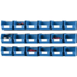 Inhangrail-set met magazijnbakken, 3 rails, 18 bakken, blauw