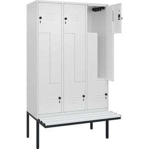 C+P Z-kledingkast Classic PLUS met zitbank, 3 compartimenten, verkeerswit, b = 1200 mm, veiligheidsdraaigrendel, vrijdragend, kunststof