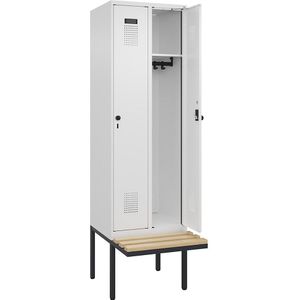 Lockerkast Evolo PLUS met zitbank, 2 compartimenten, wit, b = 600 mm, veiligheidsdraaigrendel, met uitstekende zitbank, beukenhout