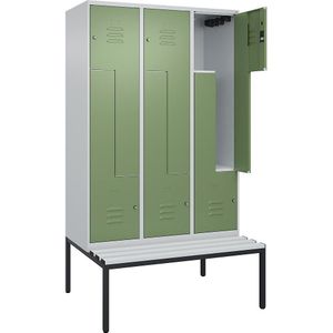 C+P Z-kledingkast Classic PLUS met zitbank, 3 compartimenten, lichtgrijs / resedagroen, b = 1200 mm, cilinderslot, ondergebouwd, kunststof