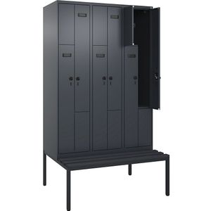 Z-lockerkast Evolo PLUS met zitbank, 3 compartimenten, grijs, b = 1200 mm, veiligheidsdraaigrendel, met ondergebouwde zitbank, kunststof