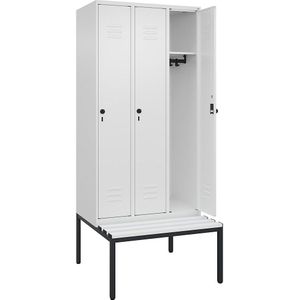 C+P Kledingkast Classic PLUS met zitbank, 3 compartimenten, verkeerswit, b = 900 mm, veiligheidsdraaigrendel, ondergebouwd, kunststof