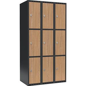 Drievoudige locker Fydor, 3 compartimenten, grijs / eikenhout, b = 900 mm, 3 compartimenten, platte bovenkant, hangslot