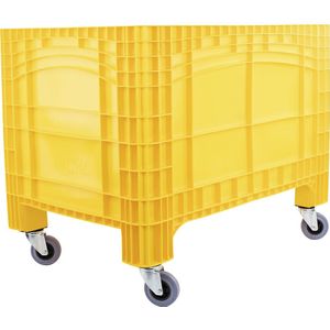 Grote bak, inhoud = 535 l, 4 zwenkwielen, waarvan 2 met vastzetters, geel