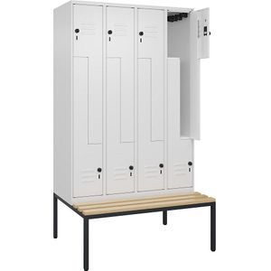 C+P Z-kledingkast Classic PLUS met zitbank, 4 compartimenten, verkeerswit, b = 1200 mm, veiligheidsdraaigrendel, ondergebouwd, beuken-hardhout